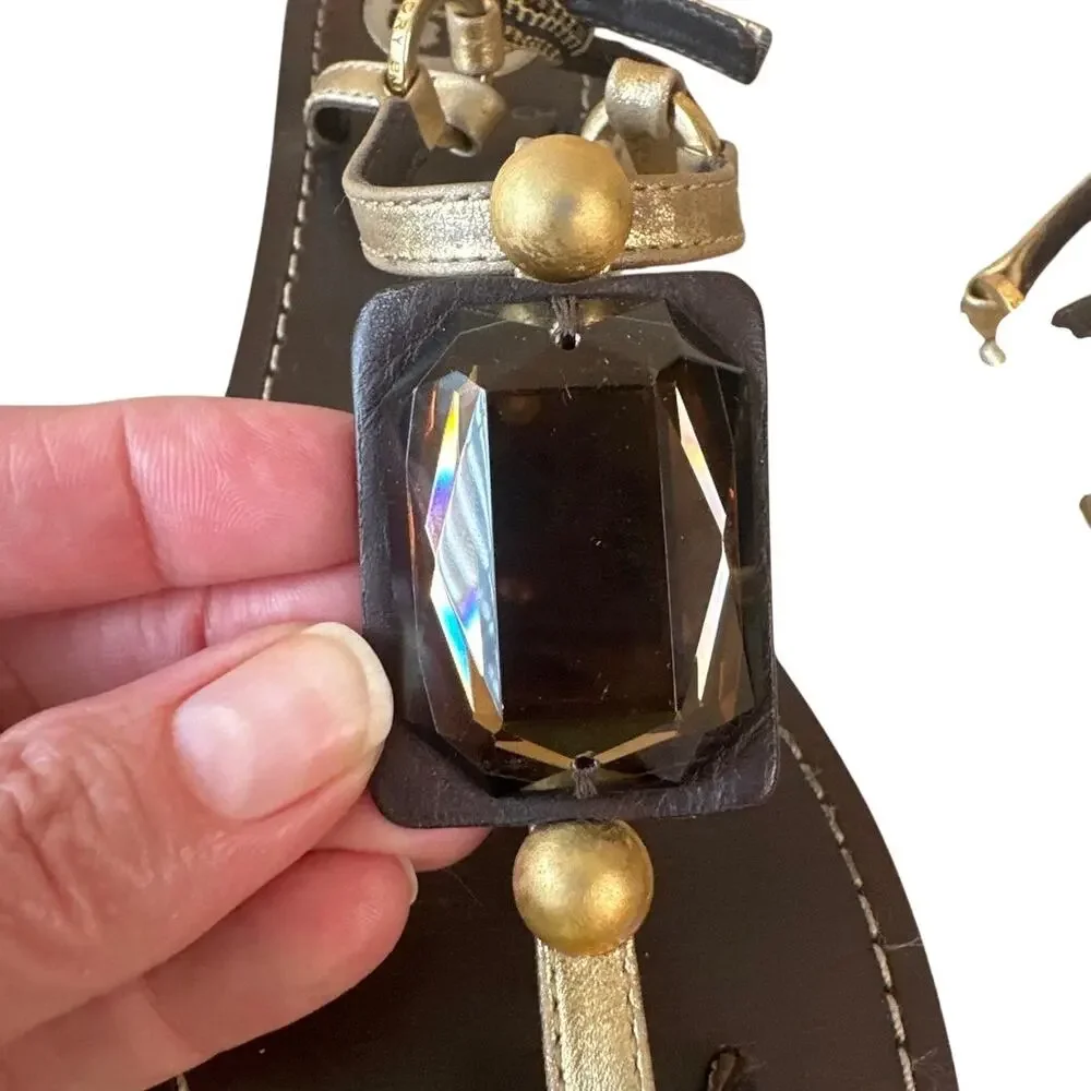 Tory Burch Jeweled Stone Thong Sandals Gold Brown T-Strap‎ 6.5